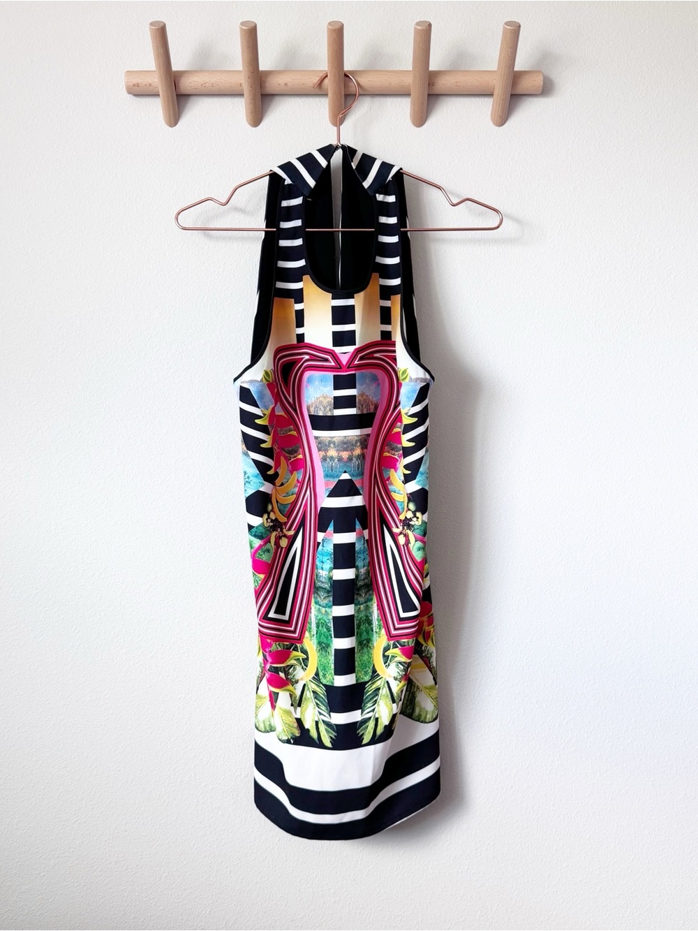 Clover Canyon Black White Multicolor Graphic-Tropical Print Mini Dress